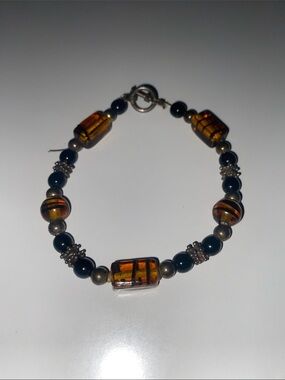 Handcrafted Amber Glass & Black Bead Bracelet